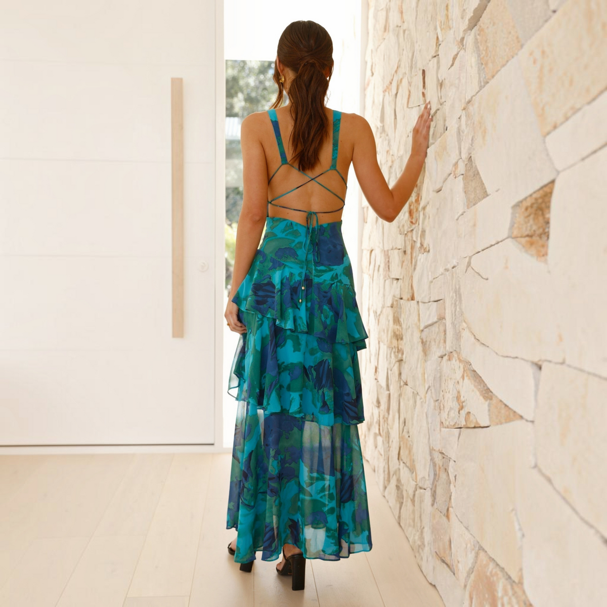 Maxi Dress with Lightweight Chiffon and Deep V-Neck, Tiered Ruffle Skirt