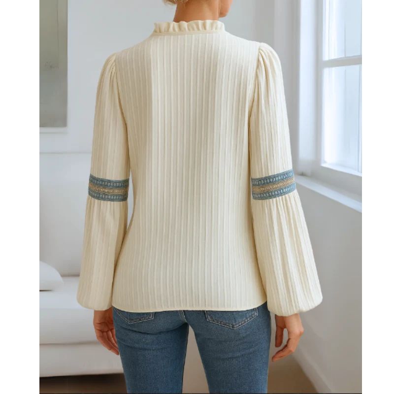 Womens Cotton Blend V-Neck Blouse with Pleated Shoulders and Relaxed Fit