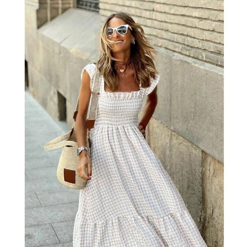 Plaid Maxi Dress with Smocked Waist and Ruffled Sleeves