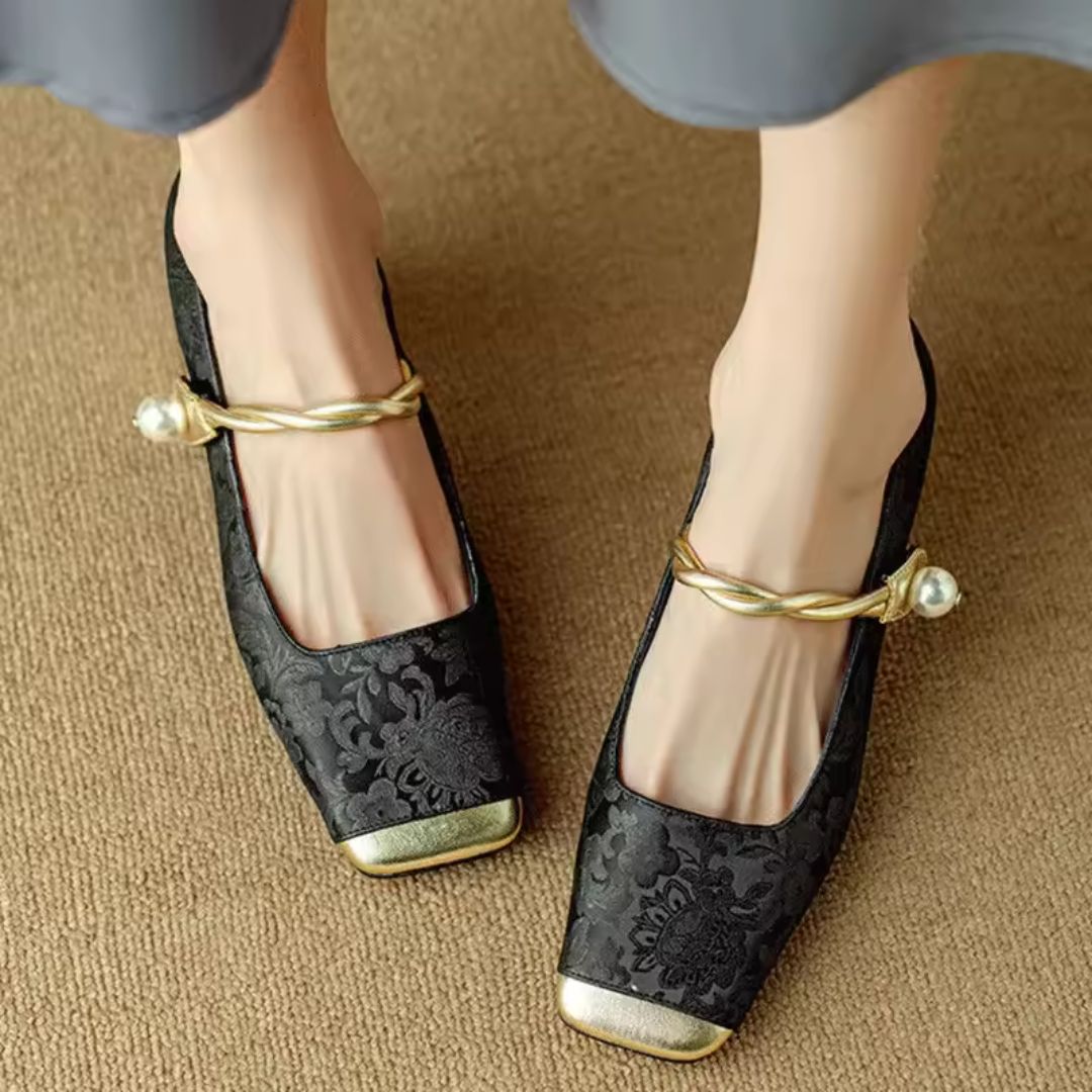 Womens Gold Heels with Pearl Twist Strap and Padded Insole, Square Toe Floral