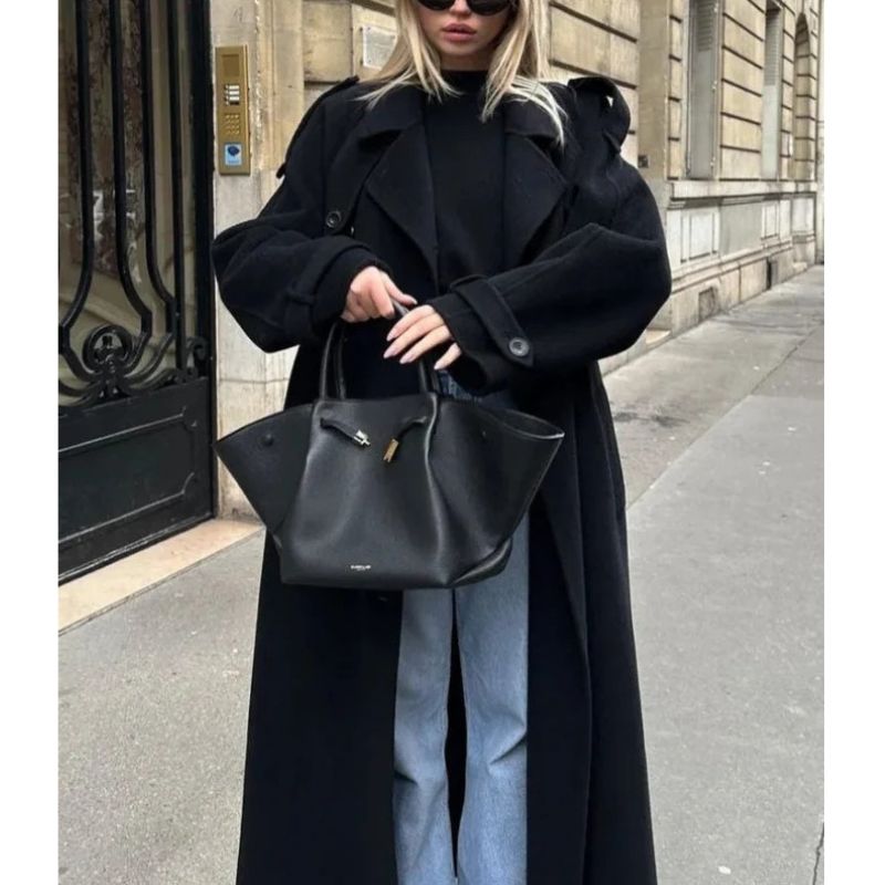 Womens Double-Breasted Trench Coat with Adjustable Belt and Military Shoulder Tabs