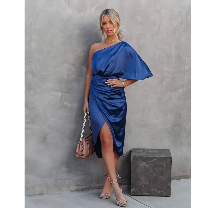 One Shoulder Midi Dress with Ruched Detailing and Side Zipper, Stretch Knit