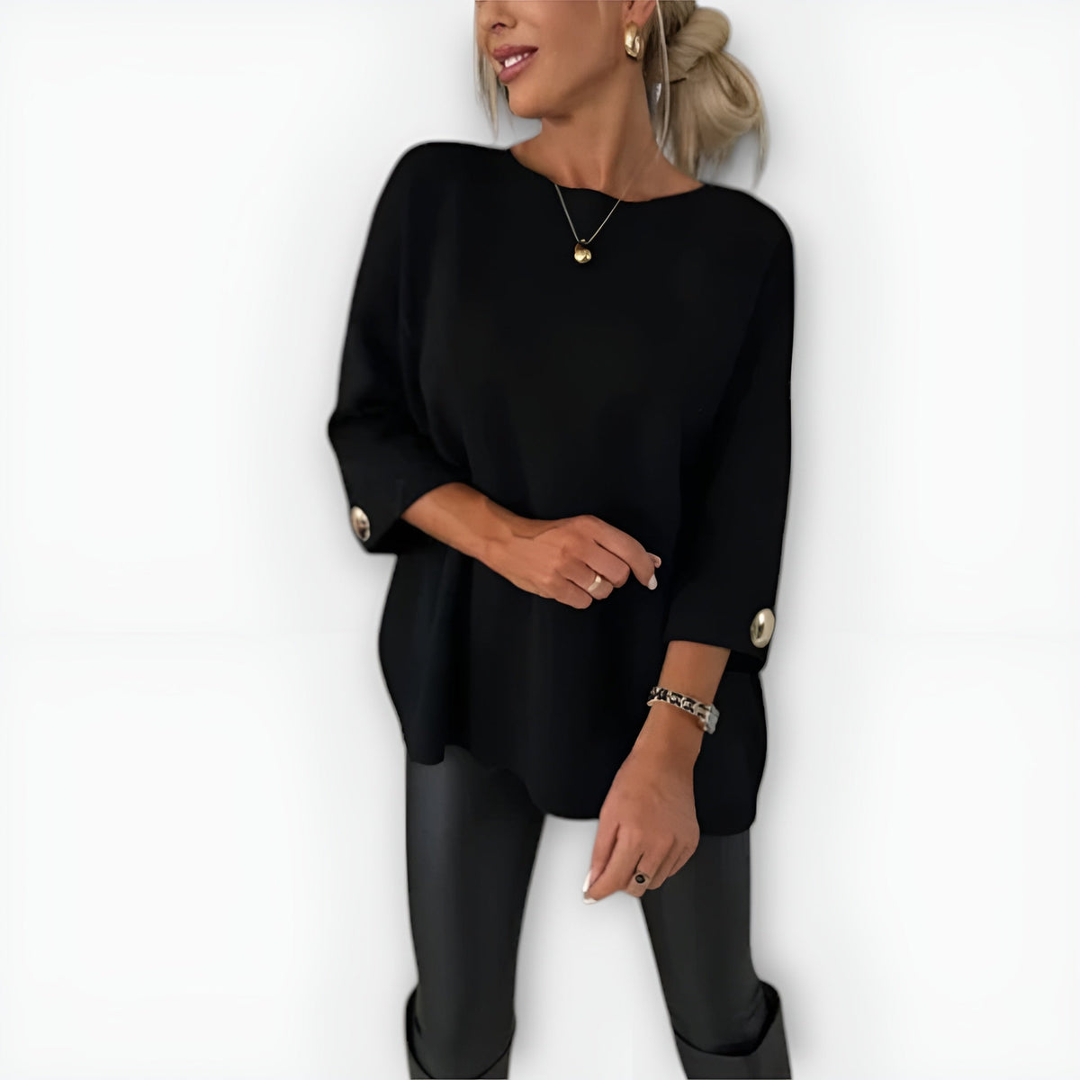 Oversized Sweater with Three-Quarter Sleeves and Button Cuffs for Women
