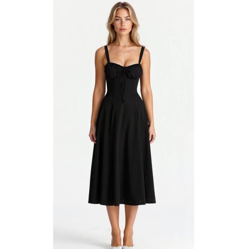 Corset Midi Dress with Structured Bodice and Flowing Flared Skirt, Stretch Lined