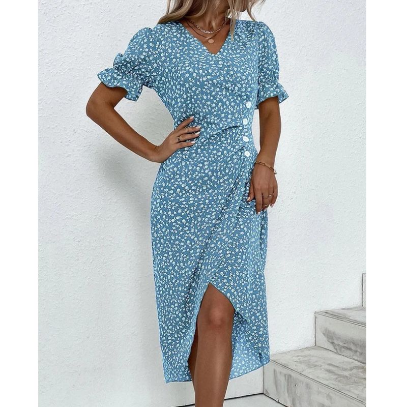 Floral Print Wrap Dress with V-Neck and Adjustable Tie Closure