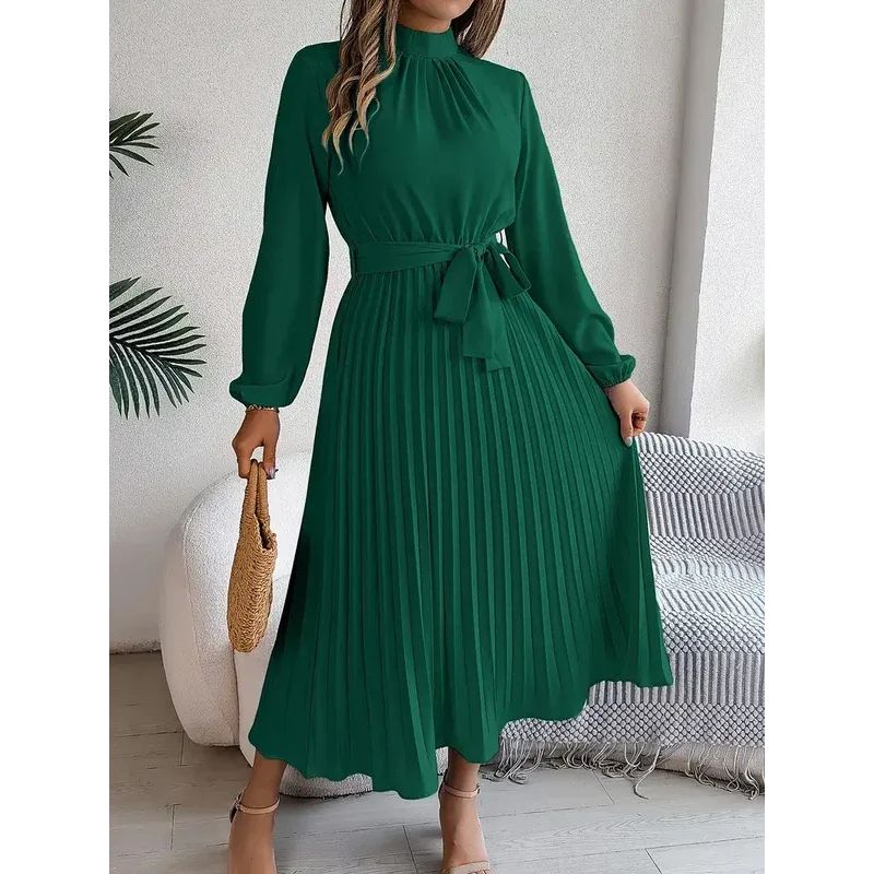 Long Sleeve Pleated Dress with Removable Belt and Hidden Zipper, Lightweight Polyester
