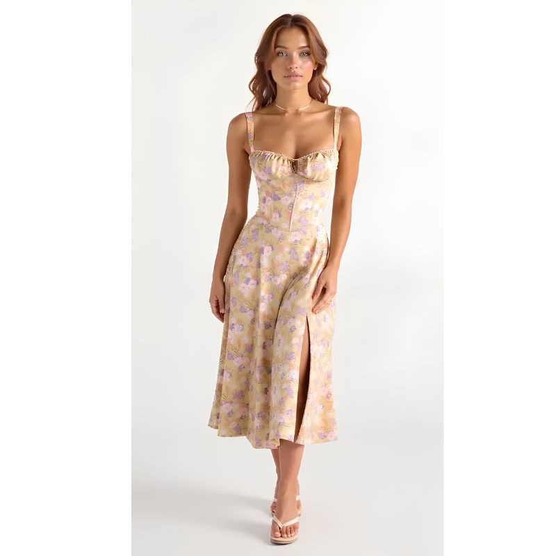 Womens Bustier Midi Dress with Spaghetti Straps and Fitted Waist