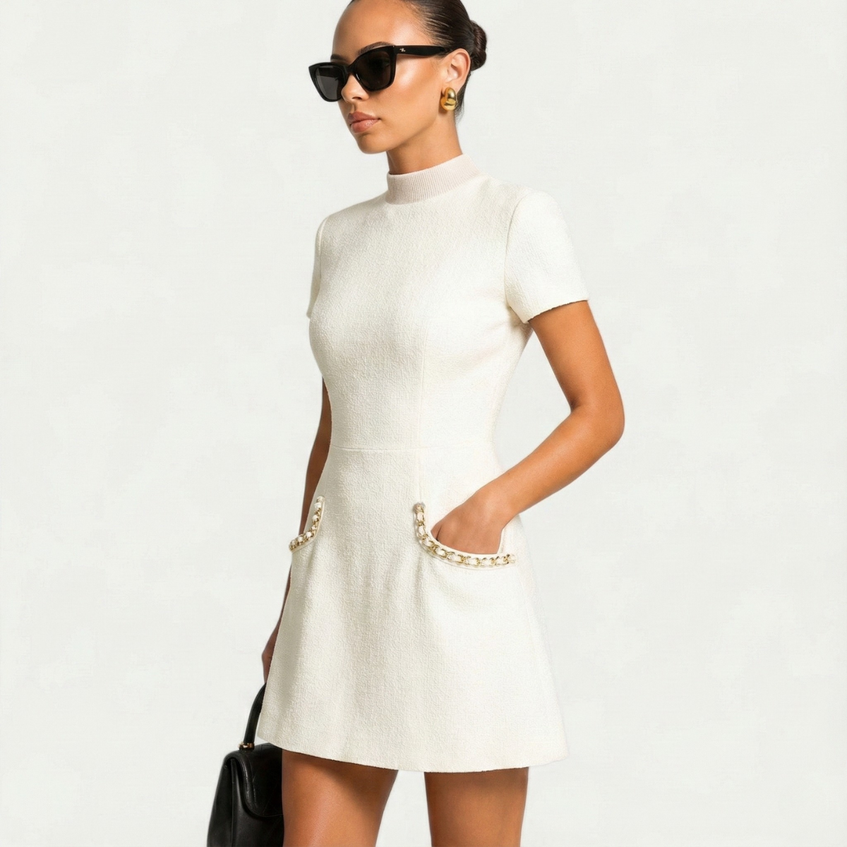 Mini Dress with Pearl Trim Detail and Functional Pockets, Silhouette