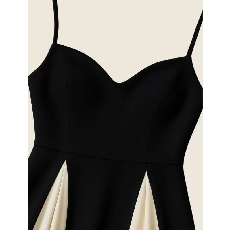 Floor-Length Formal Dress with Contrasting Panels and Structured Bodice