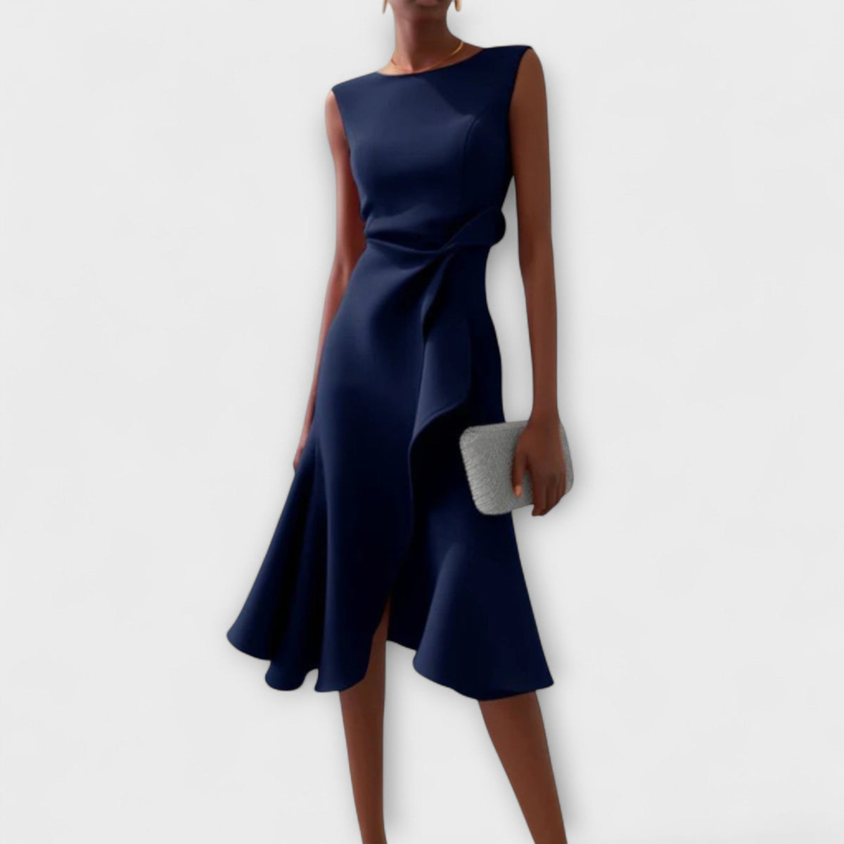 Asymmetric Midi Dress with Draped Detail and Sleeveless Cut, Lightweight Drapey Fabric