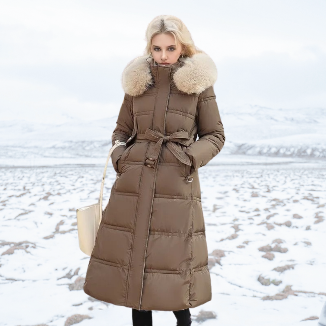 Womens Long Puffer Coat with High Collar and Quilted Fill, Full-Length Zipper