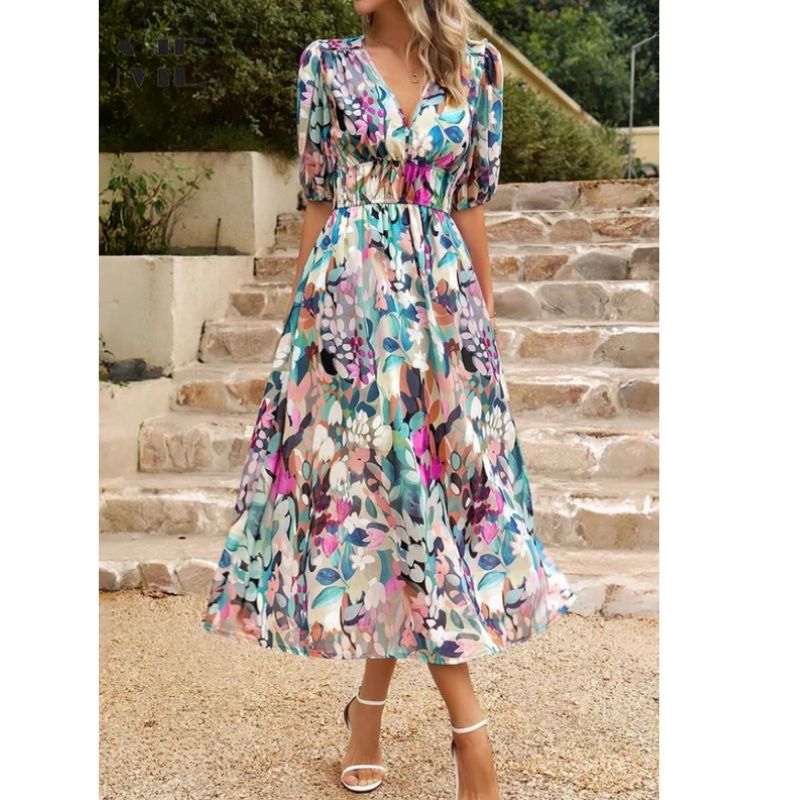 Floral Midi Dress with Puff Sleeves and Tailored Waist, Lightweight Woven Fabric