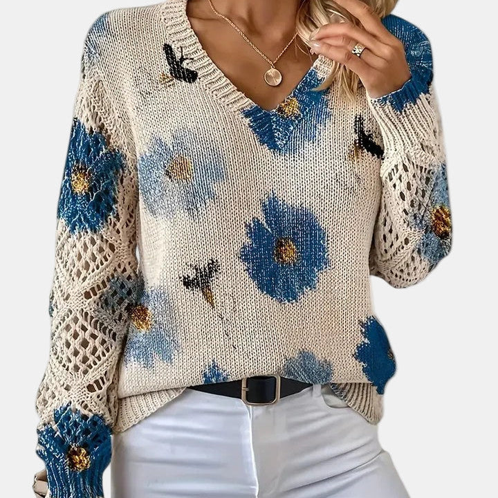 Floral Knit Sweater with V-Neckline and Open Sleeves for Women - Ribbed Hem