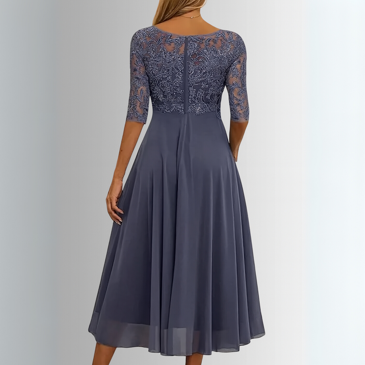 Lace A-Line Dress with Layered Feather Skirt, Back Zipper