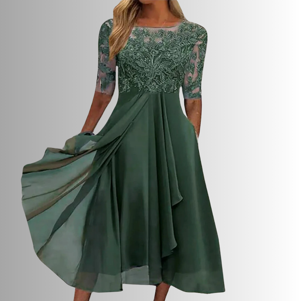 Lace A-Line Dress with Layered Feather Skirt, Back Zipper