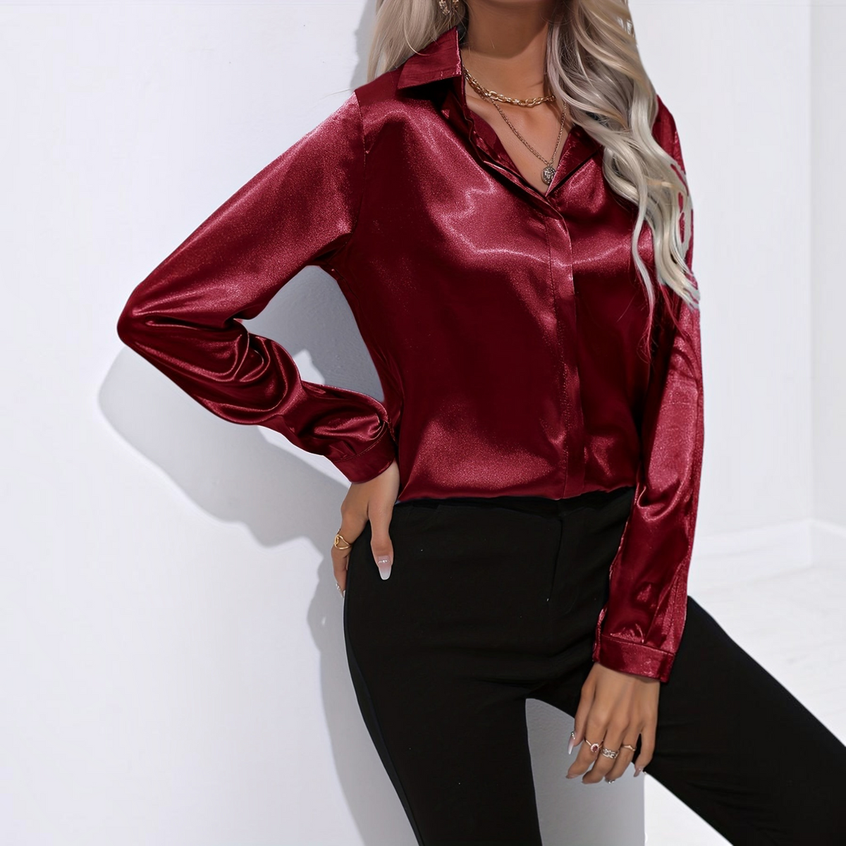 Satin Blouse for Women with Button Down Front and Long Sleeves, Tailored Relaxed Fit