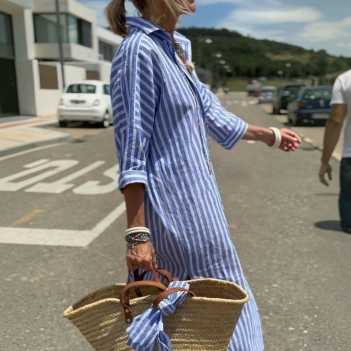 Striped Shirt Dress with Side Pocket and Breathable Fabric for Women