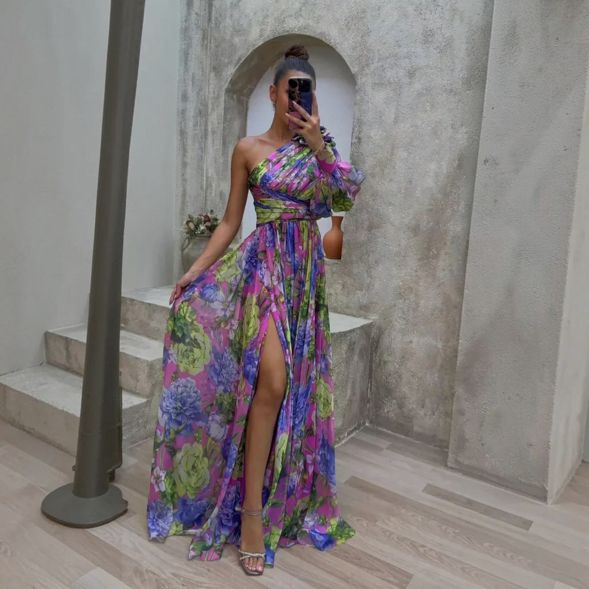 One-Shoulder Floral Dress with Flowy Skirt and Lightweight Woven Fabric, Machine Washable