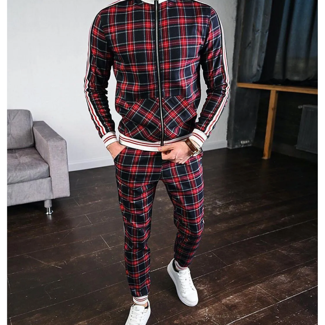 Mens Jogging Tracksuit with Plaid Design and Side Stripes, Breathable Stretch Fabric