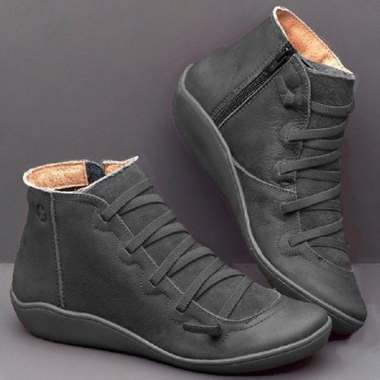 Womens Ankle Boots Lace-Up with Side Zipper and Cushioned Insole, Faux Leather