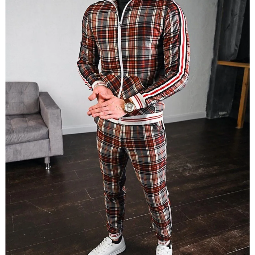 Mens Jogging Tracksuit with Plaid Design and Side Stripes, Breathable Stretch Fabric