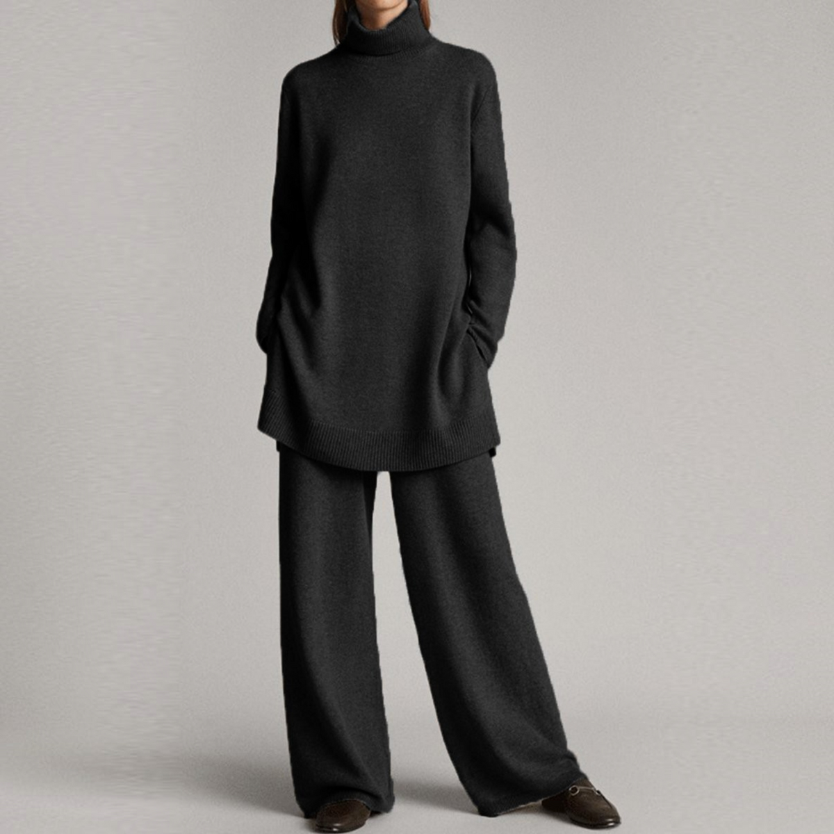 Womens Two-Piece Lounge Set with High Neck and Wide-Leg Pants, Relaxed Knit