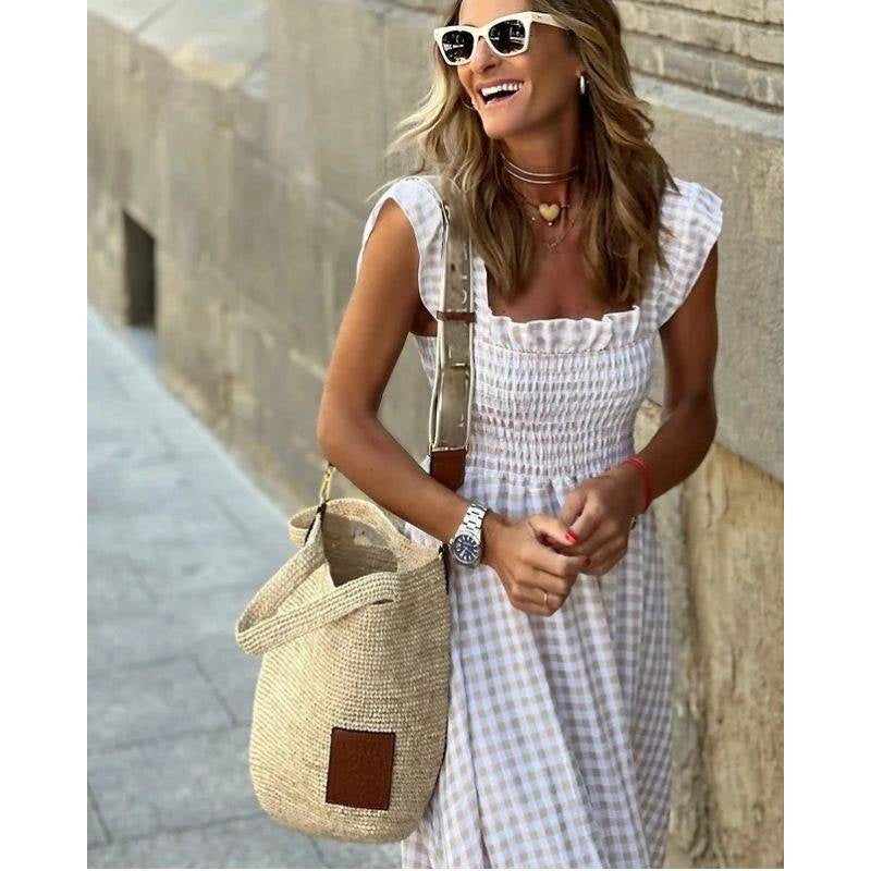 Plaid Maxi Dress with Smocked Waist and Ruffled Sleeves