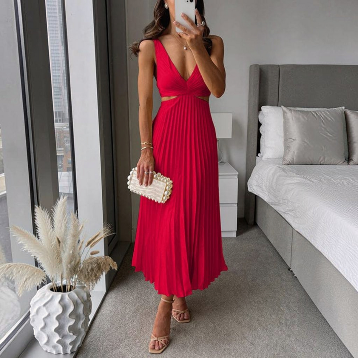 Pleated Midi Dress with Relaxed Flowing Fit and Breathable Lightweight Fabric, Hand Wash