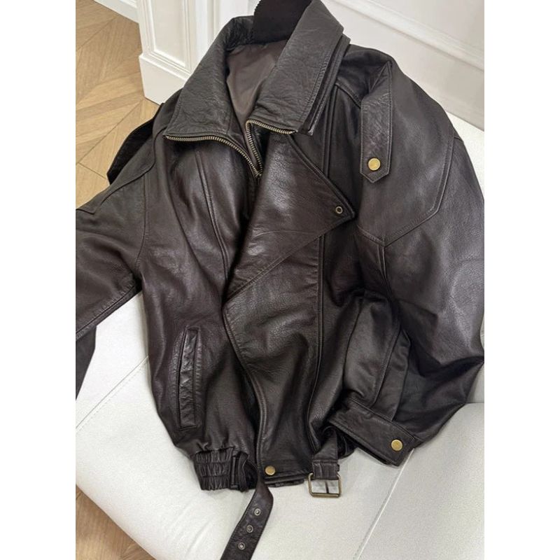 Oversized Faux Leather Bomber Jacket with Asymmetrical Zipper