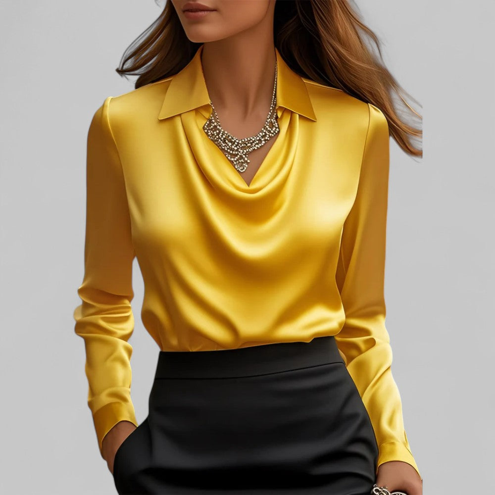 Womens Satin Blouse with Draped Neckline and Long Sleeves, Relaxed Tailored Fit