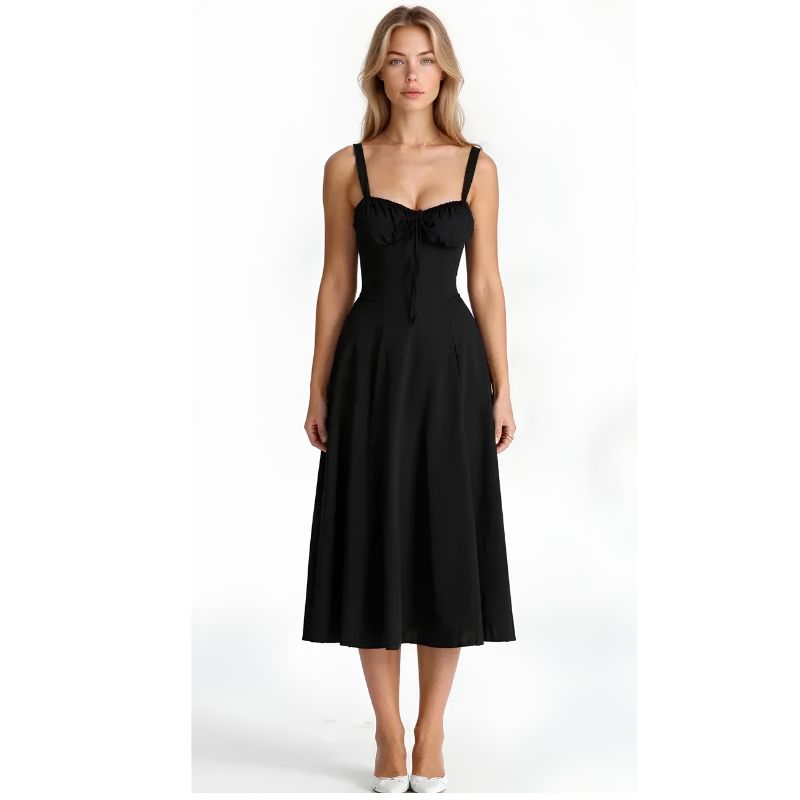 Womens Bustier Midi Dress with Spaghetti Straps and Fitted Waist