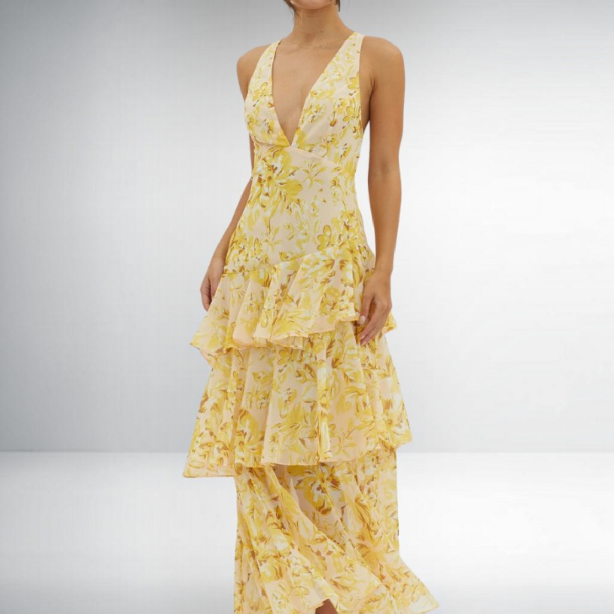 Maxi Dress with Lightweight Chiffon and Deep V-Neck, Tiered Ruffle Skirt