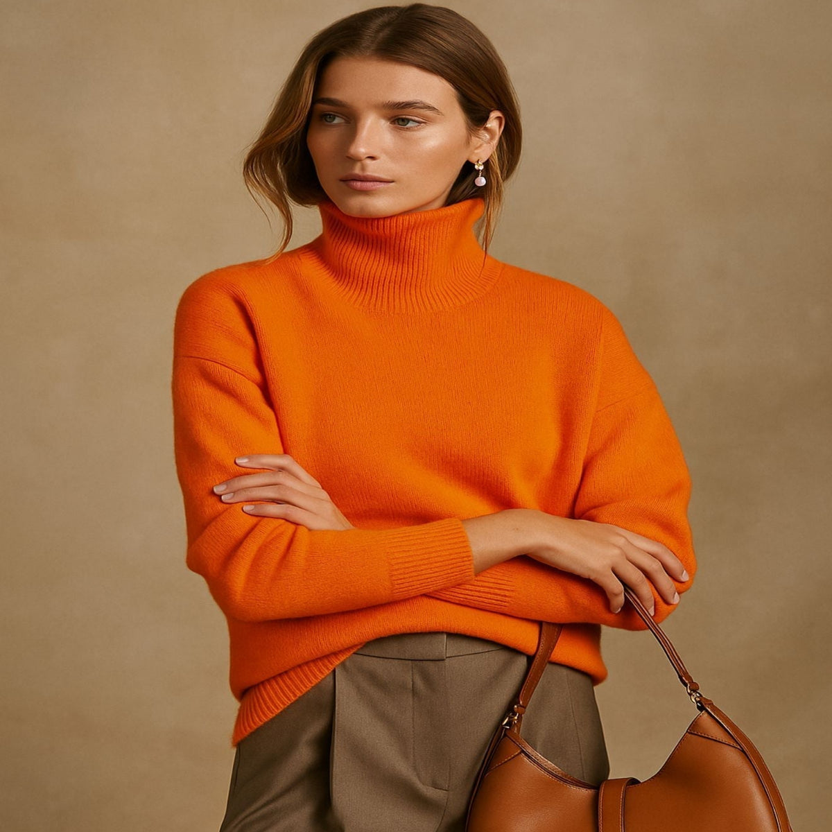 Turtleneck Sweater with Dropped Shoulders and Ribbed Trim for Women - Long Sleeves