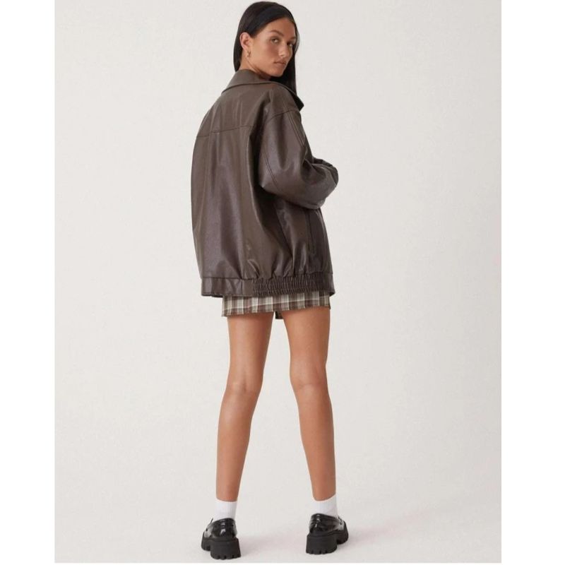 Oversized Leather Bomber Jacket with Boxy Dropped Shoulders and Elastic Hem for Women
