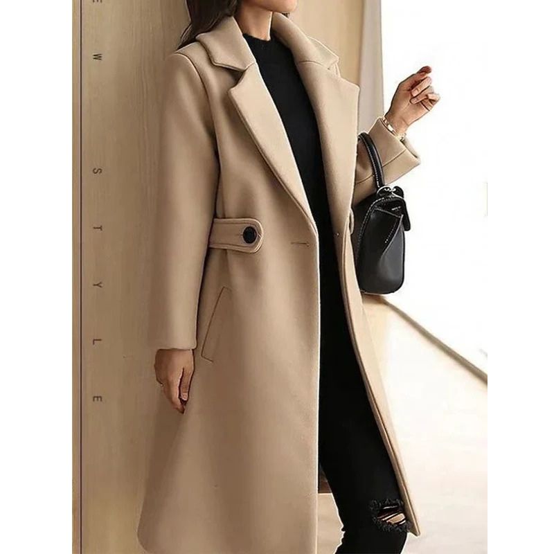 Womens Long Trench Coat with Wide Lapel Collar and Waist Tab Detail
