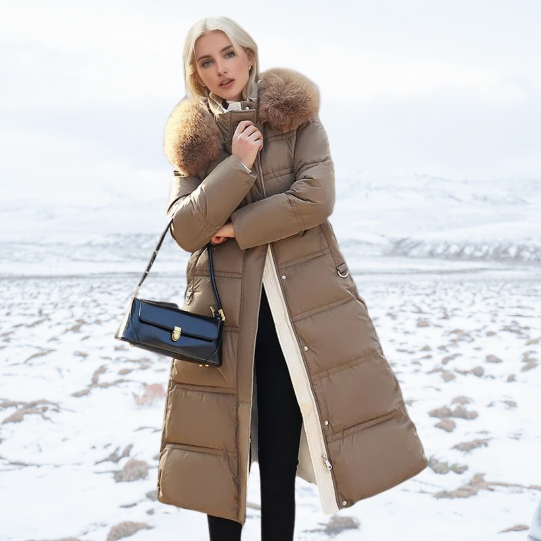 Womens Long Puffer Coat with High Collar and Quilted Fill, Full-Length Zipper