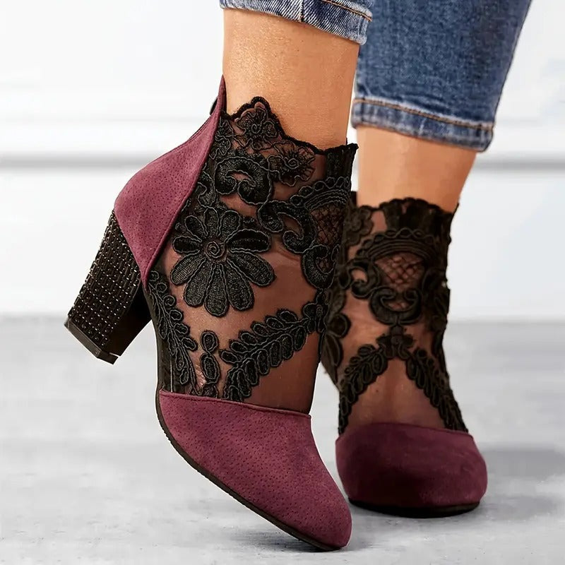 White Lace Heels with Cushioned Insole and Stable Heel, Handmade Floral Applique