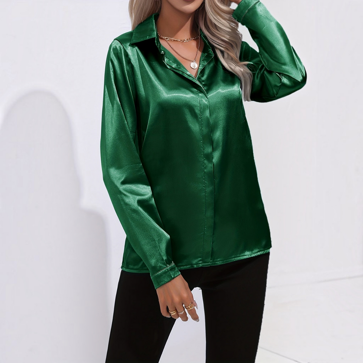 Satin Blouse for Women with Button Down Front and Long Sleeves, Tailored Relaxed Fit