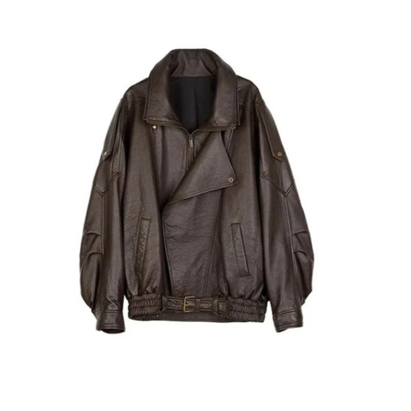 Oversized Faux Leather Bomber Jacket with Asymmetrical Zipper