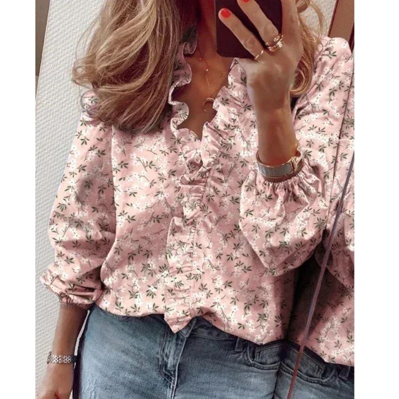 Womens Blouse with Ruffled Neckline and Pleated Balloon Sleeves