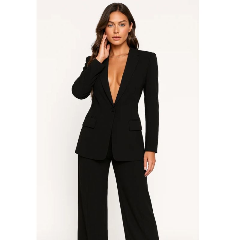 Womens Blazer and Trouser Suit with Single-Button Design, Straight-Leg
