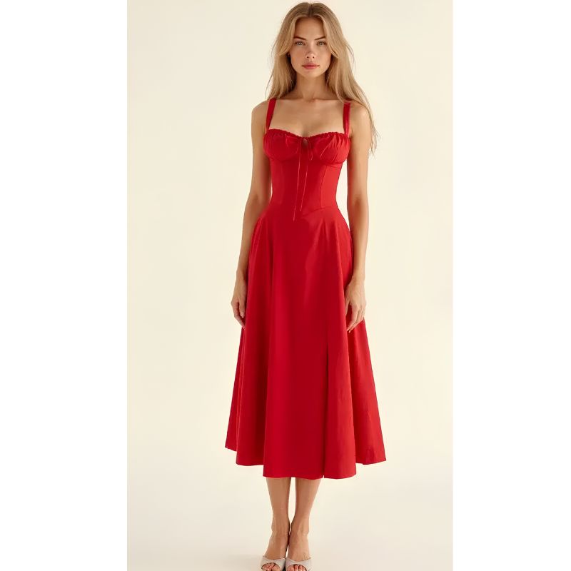 Womens Bustier Midi Dress with Spaghetti Straps and Fitted Waist