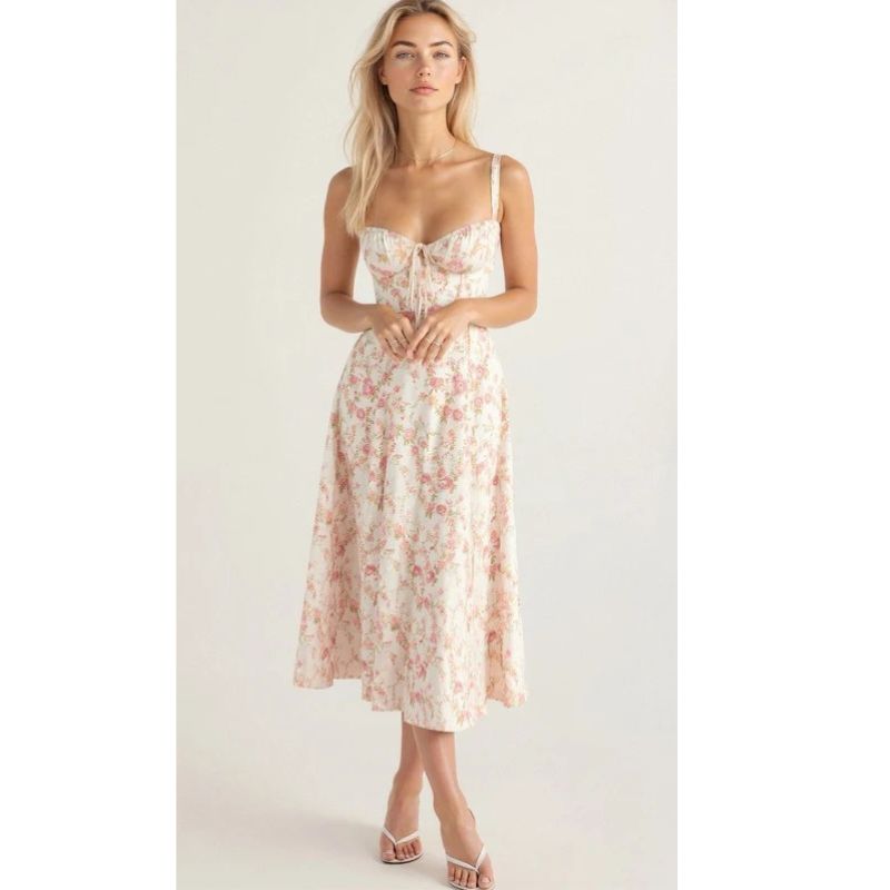 Corset Midi Dress with Structured Bodice and Flowing Flared Skirt, Stretch Lined