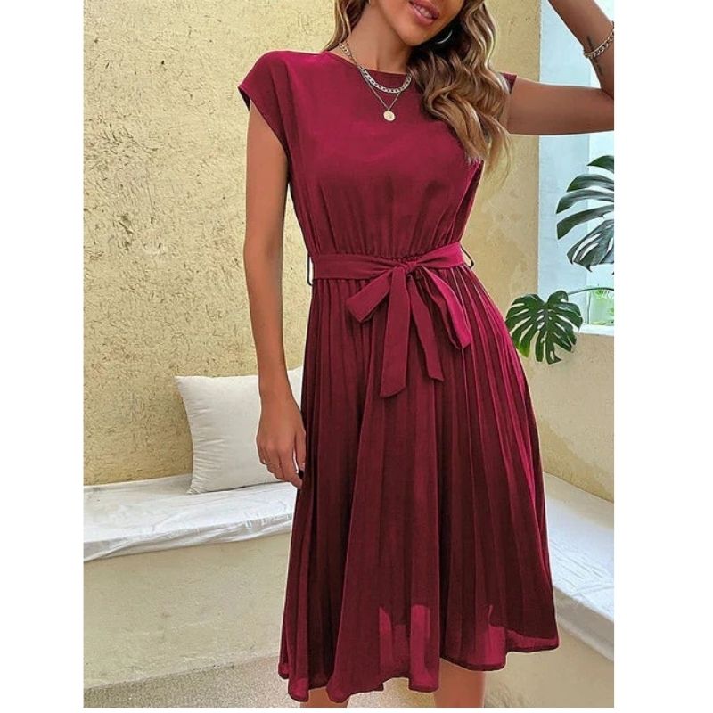 Pleated Midi Dress with Relaxed Fit for Summer Casual Wear