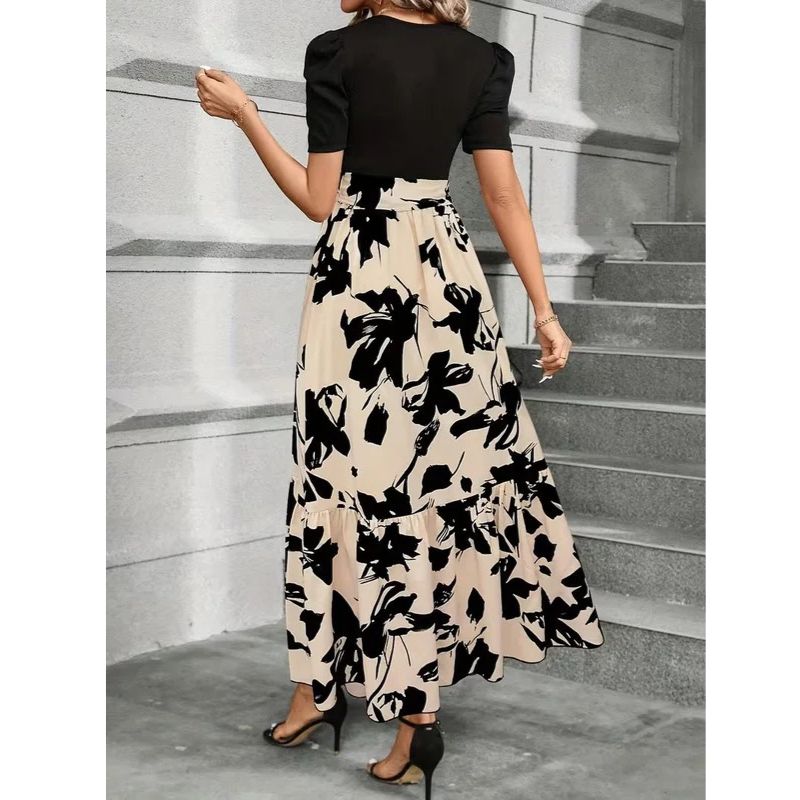 Maxi Dress with Adjustable Tie Waist and Short Sleeves, Lightweight Woven Fabric