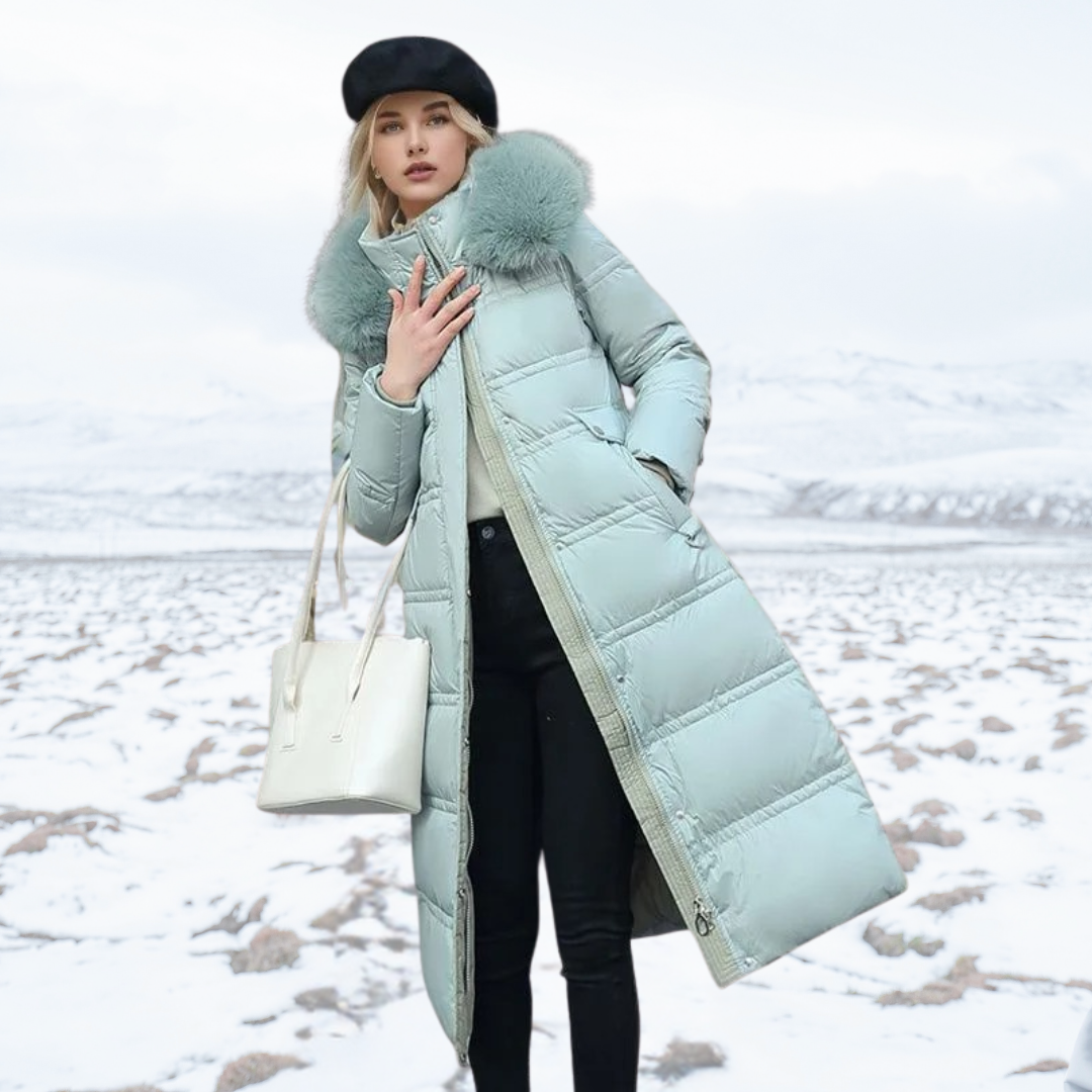 Womens Long Puffer Coat with High Collar and Quilted Fill, Full-Length Zipper