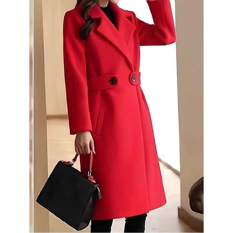 Womens Long Trench Coat with Wide Lapel Collar and Waist Tab Detail