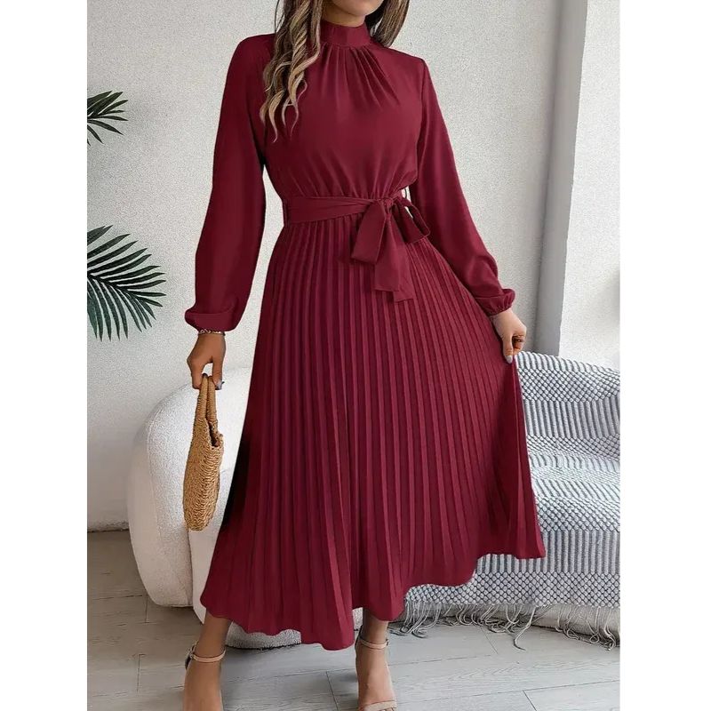 Long Sleeve Pleated Dress with Removable Belt and Hidden Zipper, Lightweight Polyester