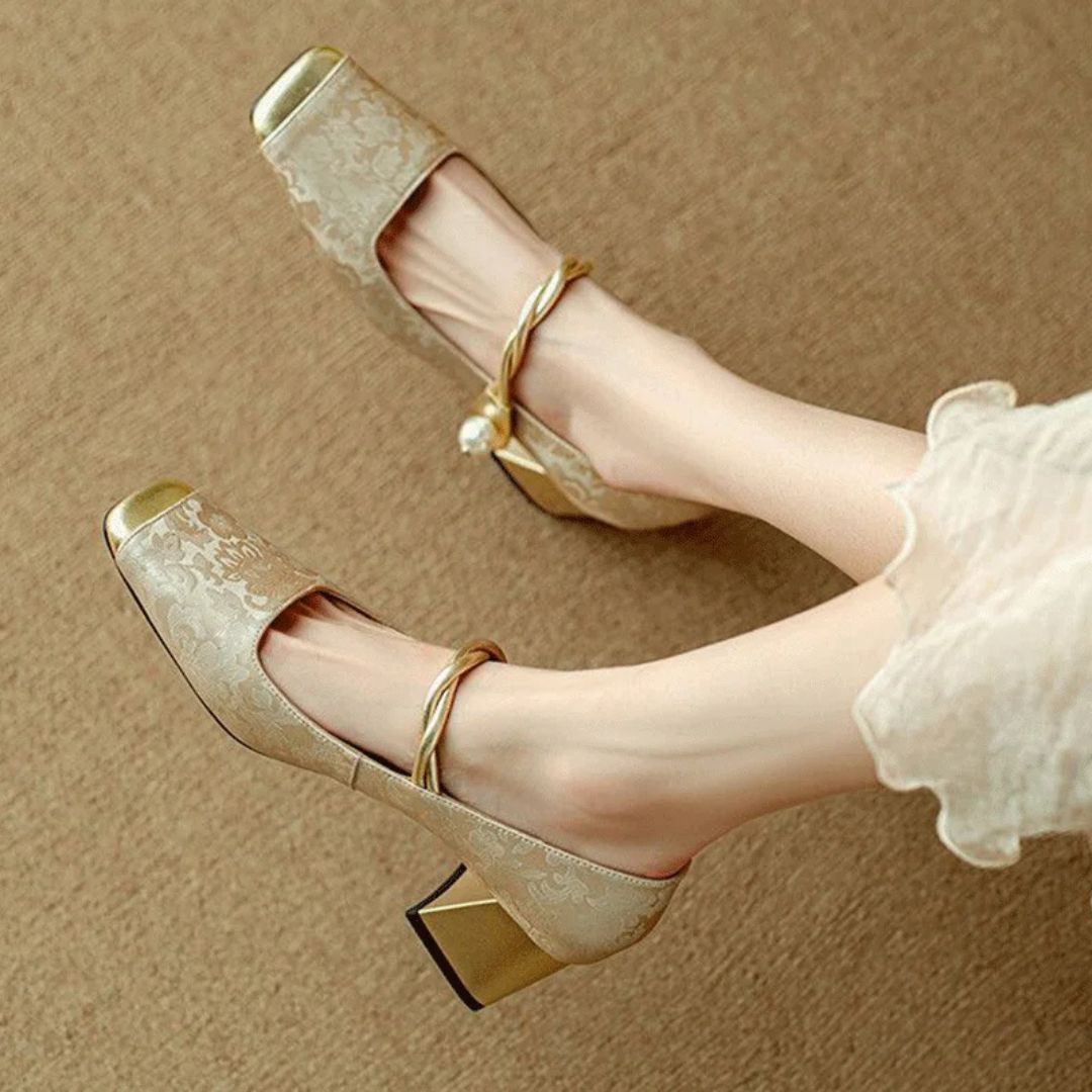 Womens Gold Heels with Pearl Twist Strap and Padded Insole, Square Toe Floral