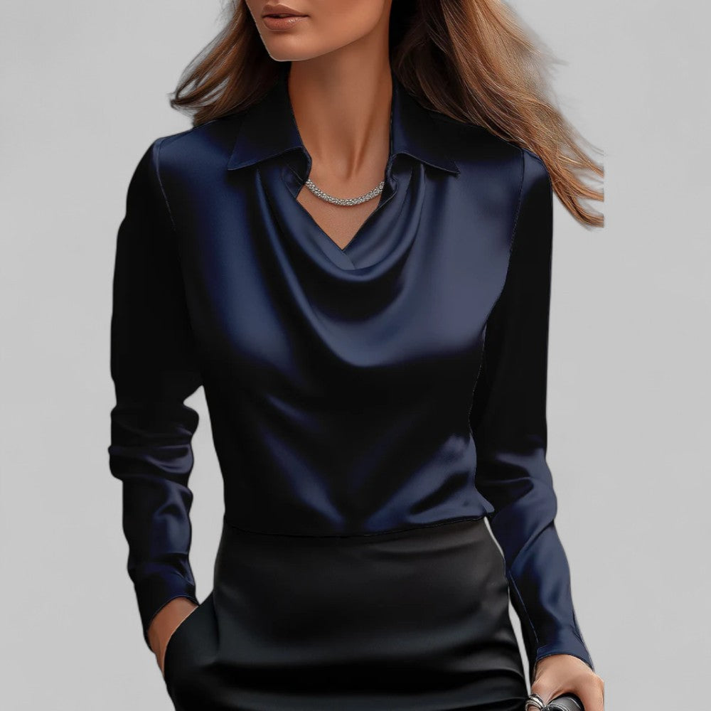 Womens Satin Blouse with Draped Neckline and Long Sleeves, Relaxed Tailored Fit